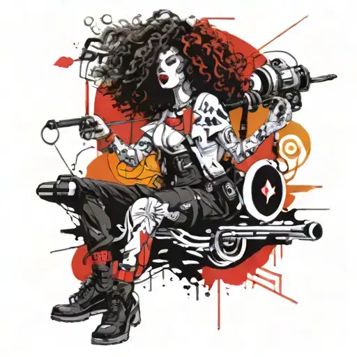 large paramedic with curly hair fishing rod and g 'The High Priestess' tattoo design idea