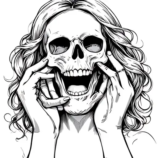 skull being held by laughing women full body tattoo design idea