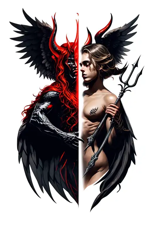 half angel half devil with devil and angel wings and trident and weapon tattoo design idea