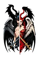 half angel half devil with devil and angel wings and trident and weapon tattoo design idea