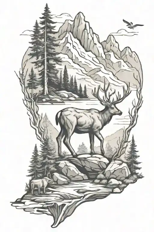 a forest with a river and mountains and a deer a bear and a mountain lion sleeve tattoo design idea