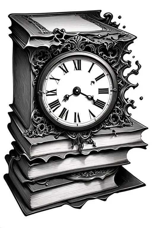 clock melting over binding of old books tattoo design idea