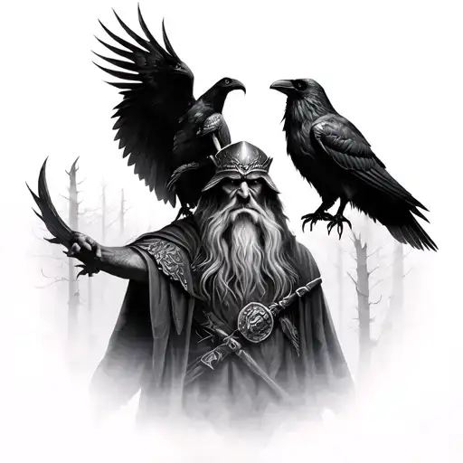 Odin and His 2 raven in the foggy forest tattoo design idea