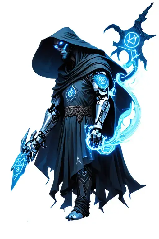 “A mysterious futuristic wizard with glowing runes on his cloak, silver robotic arm, deep hood shadowing glowing eyes, s tattoo design idea