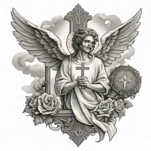 a cross with an angel holding the cross, with a bible tattoo design idea