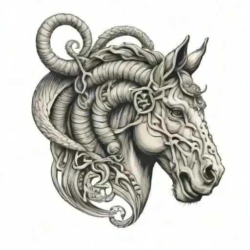horse head with goat horn with snake wrapped around the horn tattoo design idea