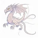 A dragon in a minimalist style, soft purple color. The dragon has large, expressive eyes, a slender build, o tattoo design idea