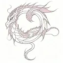 A dragon in a minimalist style, soft purple color. The dragon has large, expressive eyes, a slender build, o tattoo design idea