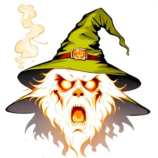 Sick wizard with a pointy hat open mouth glowing eyes smoke  tattoo design idea