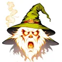 Sick wizard with a pointy hat open mouth glowing eyes smoke  tattoo design idea