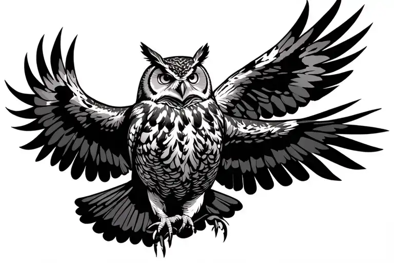 Great horned owl flying to the left with its wings up and talons down to grab prey tattoo design idea