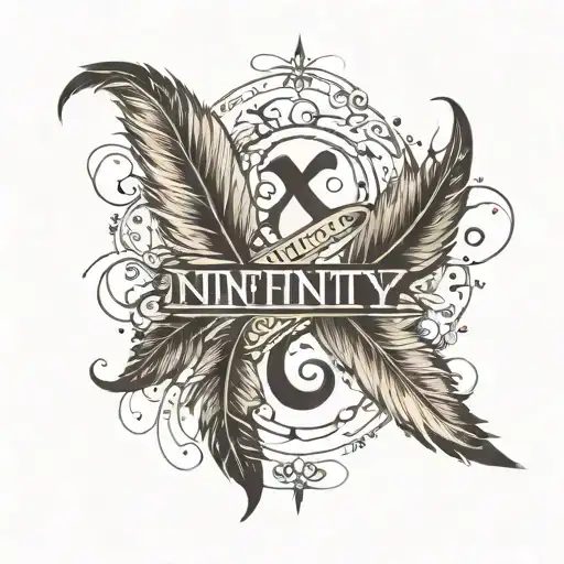 infinity sign with feather and names Dominic Natalia tattoo design idea