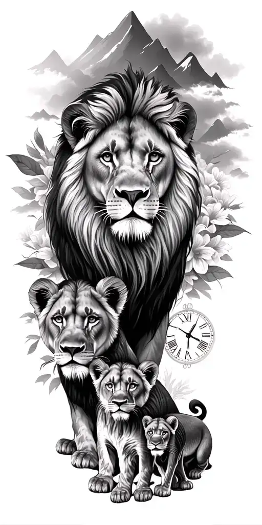 lion and lioness with 3 cubs and mountains background with clock and flowers  tattoo design idea