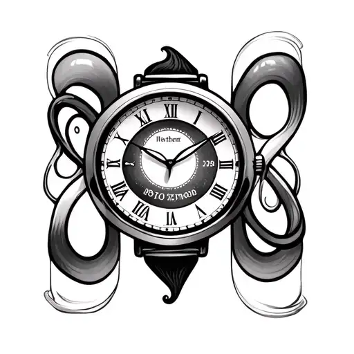 Watch, first name Heather, date of birth 10/28/2009, infinity, hourglass, time 10:30 tattoo design idea