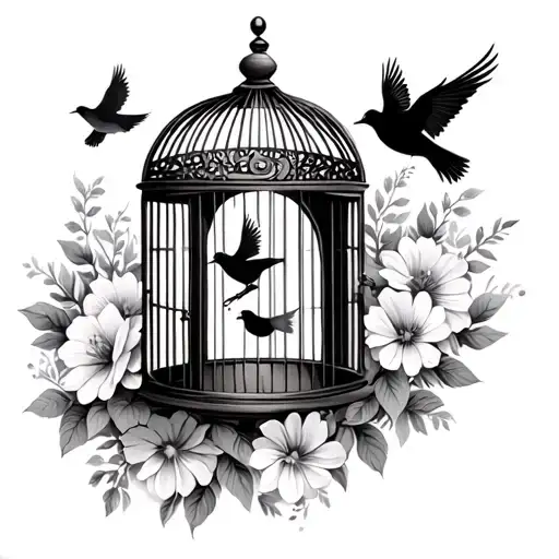 bird cage with flowers door open three birds flying away tattoo design idea