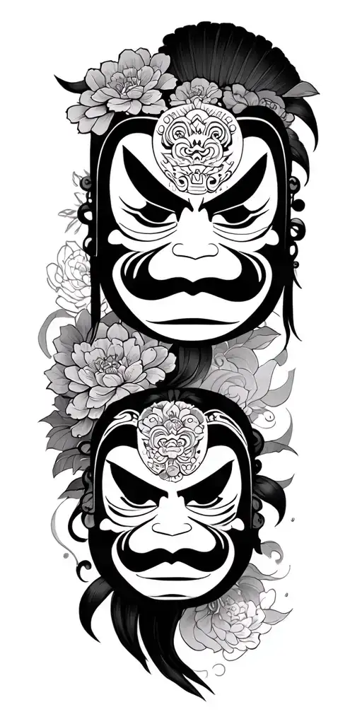 japanese daruma doll and henya mask chest and arm sleeve tattoo tattoo design idea