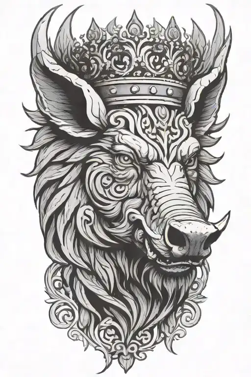 angry boar head wearing a crown with a winged background tattoo design idea
