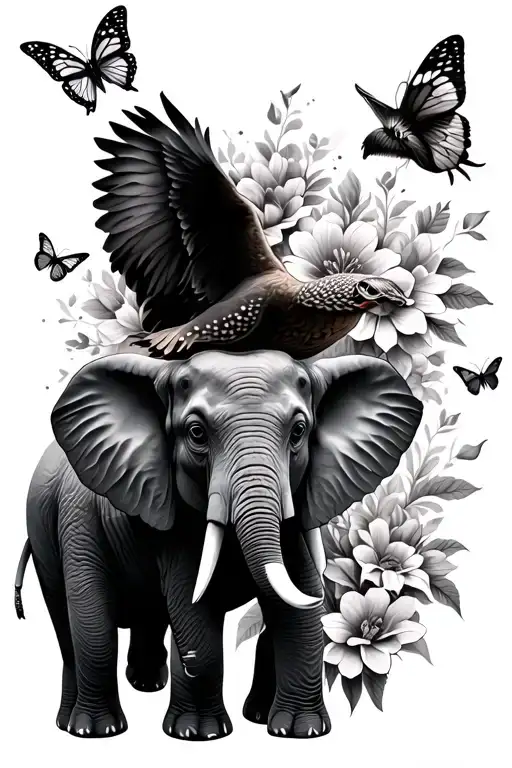 Elephants with flowers,butterflies, and a owl flying  tattoo design idea