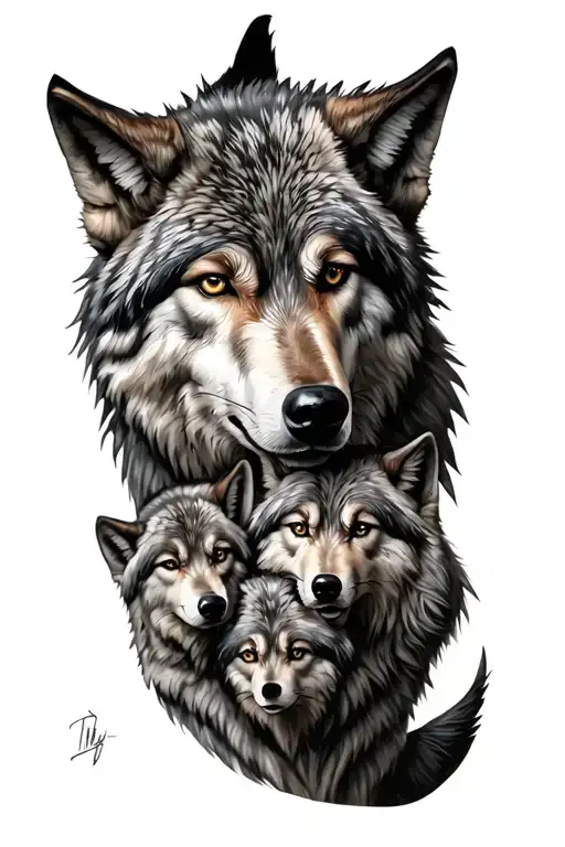 wolf protecting his family tattoo design idea