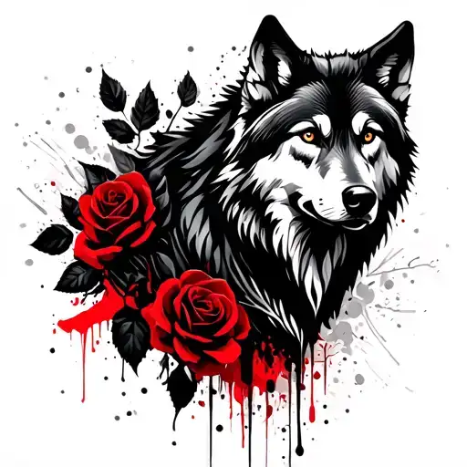 Wolf, black roses and leaves in the background tattoo design idea