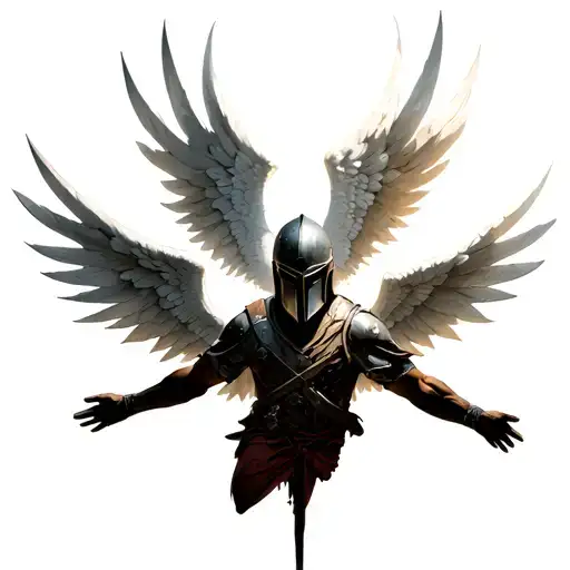 Nordic male angel with a spartan helmet. 7 helicopter blades as wings, flying into the sky with arms stretched up, head  tattoo design idea