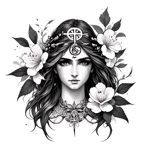 Make me a tattoo design for my wristA realistic Virgo Goddess with a Virgo Symbol on forehead with a Sakura flower and tattoo design idea