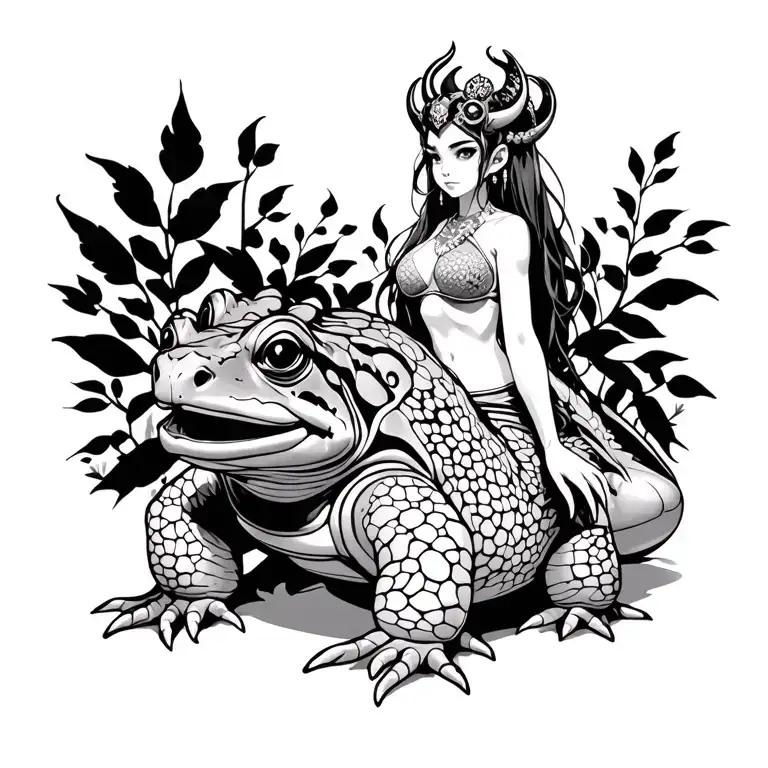oni girl standing on a toad sitting tattoo design idea