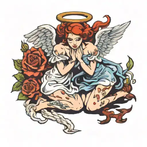 angel and devil girls kneeling tattoo design idea