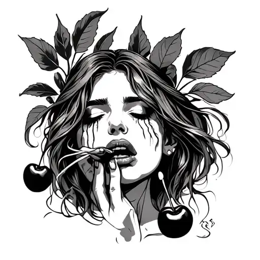 crying grieving woman eating cherries simple tattoo design idea