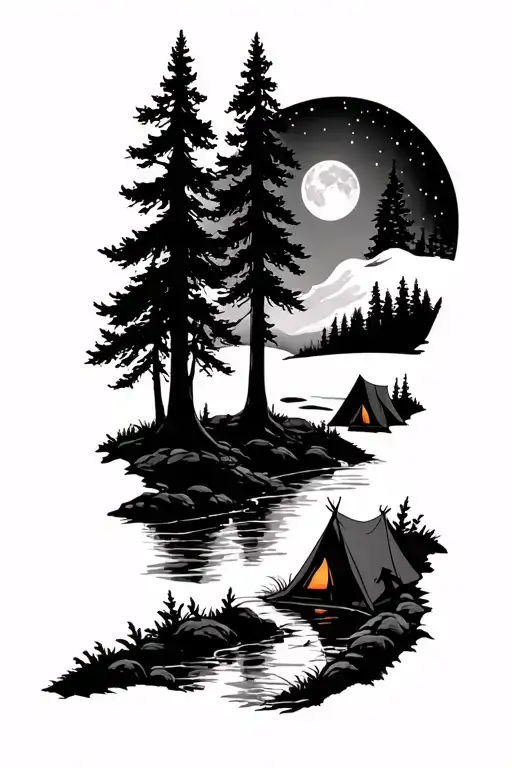a half sleeve Forest with a stream and a pup tent pitched in the distance at night with a moon tattoo design idea