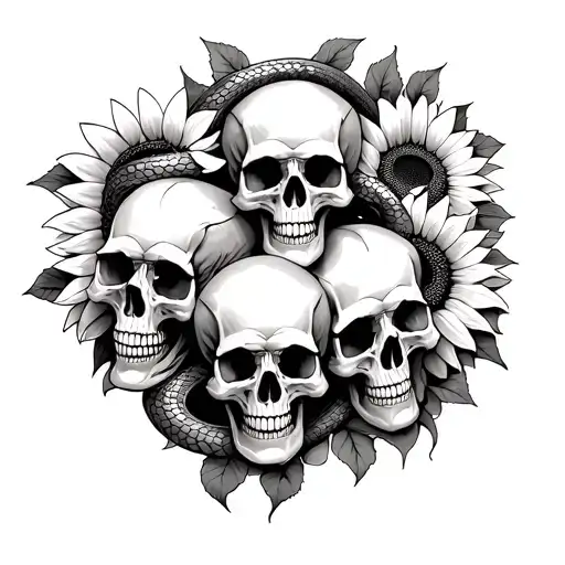 3 skulls up and down with snake coming in and out of there holes and sunflowers tattoo design idea