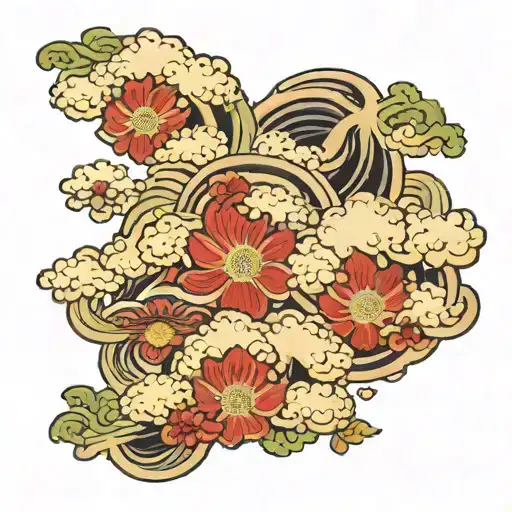 Thick line of japanese clouds and flowers tattoo design idea