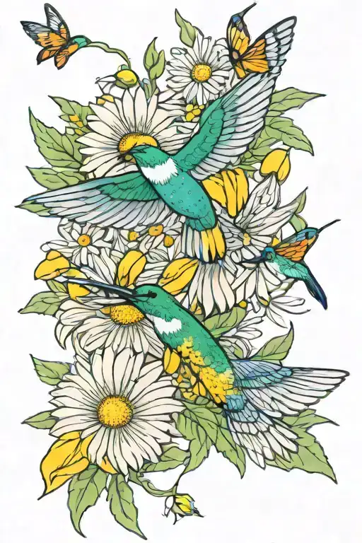 white daisy yellow butterfly hummingbirds flying tattoo design idea