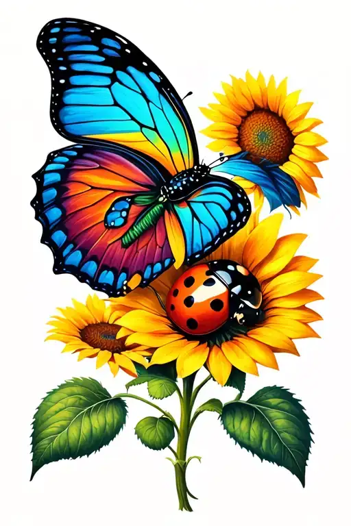 sunflower, butterfly, ladybug sitting on top tattoo design idea