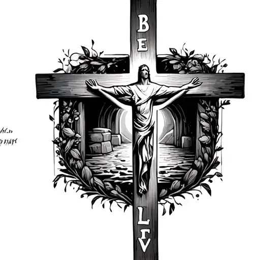 a single-line cross with the word "believe" incorporated, along with an image of an empty tomb for a mimalist tattoo tattoo design idea