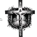 a single-line cross with the word "believe" incorporated, along with an image of an empty tomb for a mimalist tattoo tattoo design idea