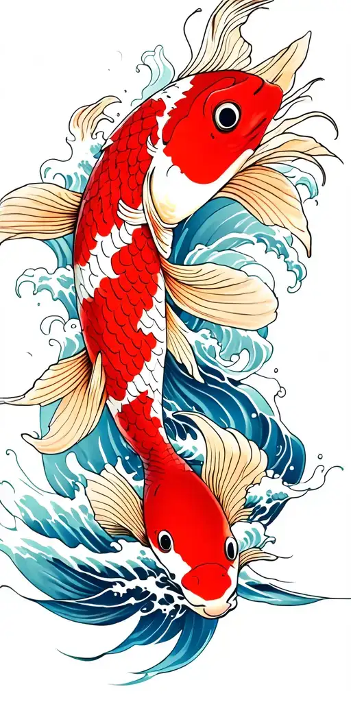 red koi fish emerging from the ocean waves tattoo design idea