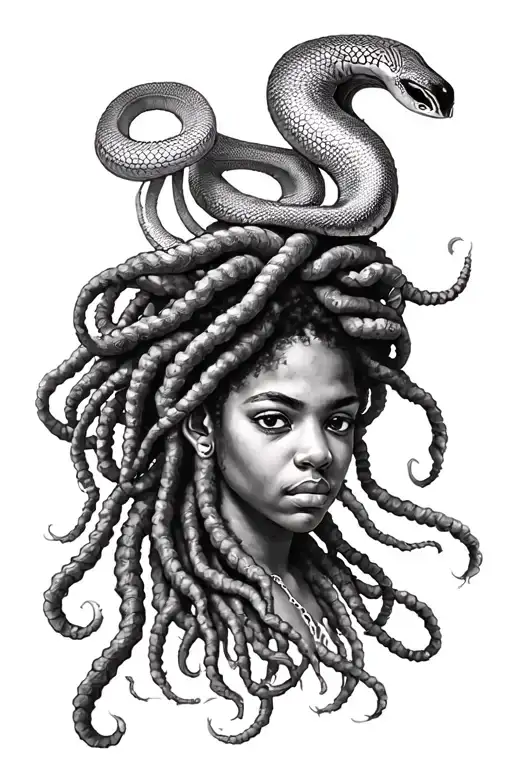Afro-centric Medusa with dreadlocks and snake hair tattoo design idea