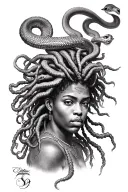 Afro-centric Medusa with dreadlocks and snake hair tattoo design idea
