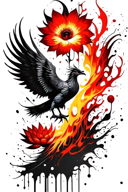 fiery phoenix flying lotus flowers tattoo design idea