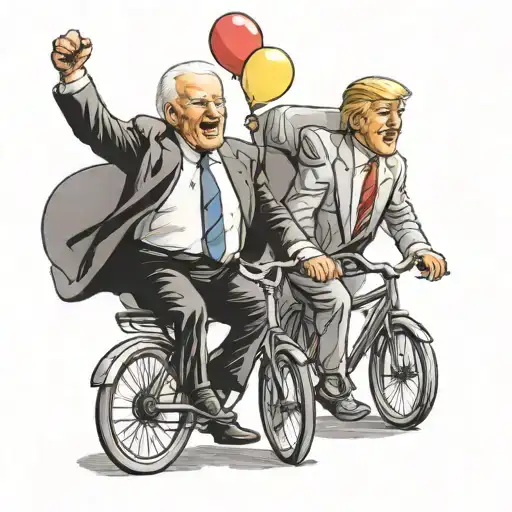 Joe Biden and Donald Trump riding a tandem bicycle holding lollipops  tattoo design idea