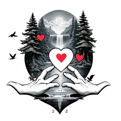 hand holding 9 2 and 2 of hearts with trees above and a waterfall with birds and a heaven looking sky  tattoo design idea