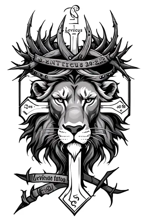 simple yet cool tattoo of a cross filled with the face of a lion, with Leviticus 20:26 with a thorn crown on top tattoo design idea