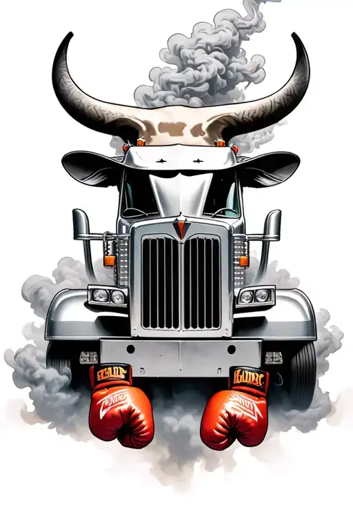 semi truck bull rider and boxing gloves coming out of smoke tattoo design idea