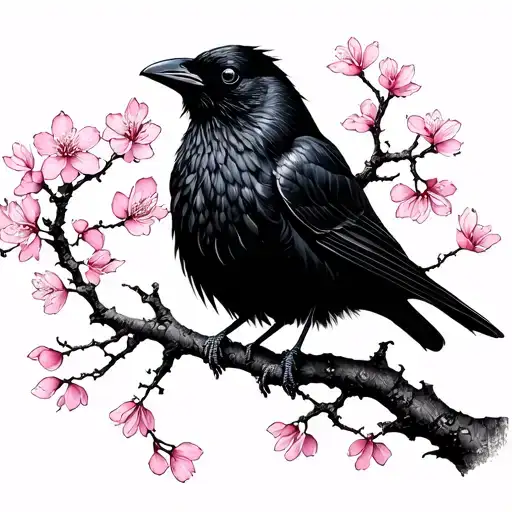 crow cherry blossom tree tattoo design idea