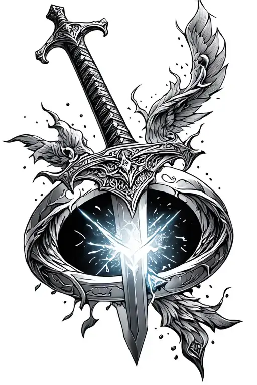 Tattoo design, detailed black and gray linework, Narsil sword broken and reforged, held by Aragorn, the One Ring glowing tattoo design idea