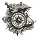 compass where the directions are wrong with a guy trying to sail a ship in rough waters standing at the bow tattoo design idea