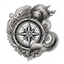 compass where the directions are wrong with a guy trying to sail a ship in rough waters standing at the bow tattoo design idea