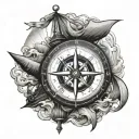 compass where the directions are wrong with a guy trying to sail a ship in rough waters standing at the bow tattoo design idea