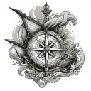 compass where the directions are wrong with a guy trying to sail a ship in rough waters standing at the bow tattoo design idea